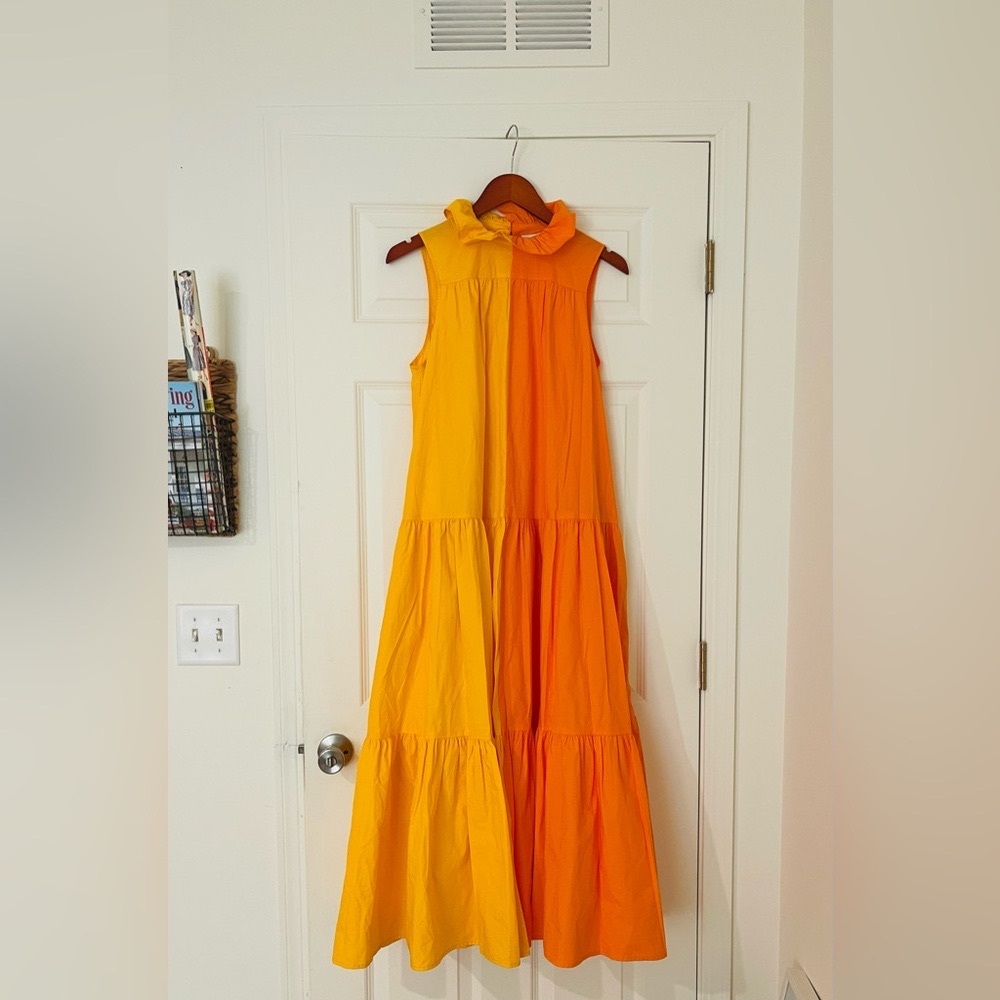 Christophet John Rogers Dress Two-Tone Yellow & Orange Tiered Maxi Dress
